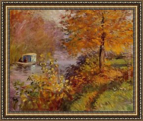 Painter in His Studio, Painting a Musical Company Framed Paintings - The Studio Boat 2 by Claude Monet