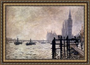 Houses in France Framed Paintings - The Thames And The Houses Of Parliament by Claude Monet