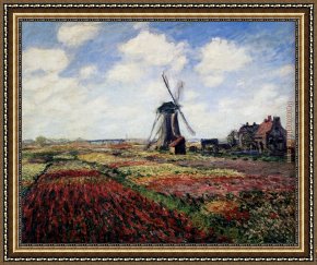 Field of Red And Gold Framed Paintings - Tulip Fields With The Rijnsburg Windmill by Claude Monet