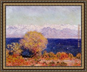 Antibes And The Maritime Alps Framed Paintings - View of the Bay and Maritime Alps at Antibes by Claude Monet