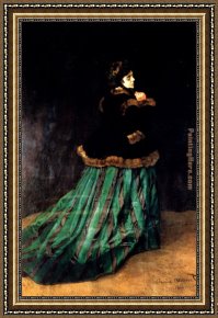 Woman with a Parasol 1 Framed Paintings - Woman In A Green Dress by Claude Monet