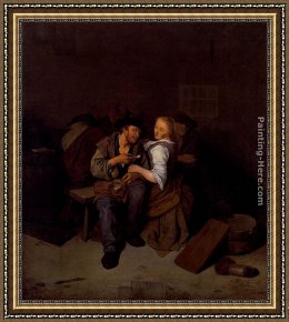 A Tavern Interior with a Bagpiper And a Couple Dancing Framed Paintings - An Amorous Couple In A Tavern by Cornelis Bega