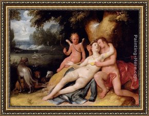 The Education of Cupid Framed Paintings - Venis And Adonis With Cupid In A Landscape by Cornelis Cornelisz