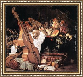 Instruments Framed Paintings - Vanitas Still-Life with Musical Instruments by Cornelis de Heem