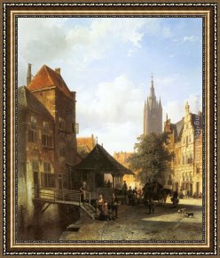 Village Street And Stairs with Figures Framed Paintings - Figures in a Street in Delft by Cornelis Springer