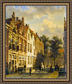 Village Street And Stairs with Figures Framed Paintings - Figures in the Sunlit Streets of a Dutch Town by Cornelis Springer