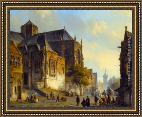 Jazz on The Square Framed Paintings - Figures on a Market Square in a Dutch Town by Cornelis Springer