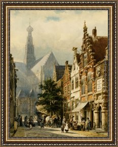 Village Street And Stairs with Figures Framed Paintings - Manu figures in the streets of Haarlem by Cornelis Springer