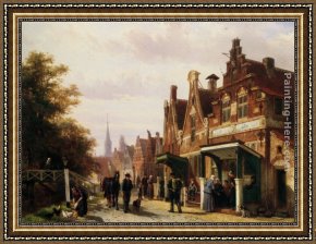 Village Street And Stairs with Figures Framed Paintings - Street scene with figures by Cornelis Springer