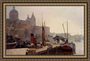 A View of Amsterdam Market Framed Paintings - A View Of Amsterdam With The St. Nicolaas Church by Cornelis Vreedenburgh