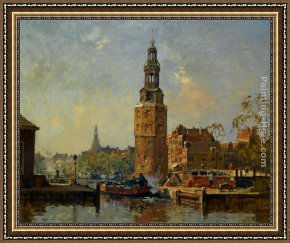 A View of Amsterdam Market Framed Paintings - A view of the Montelbaanstoren Amsterdam by Cornelis Vreedenburgh