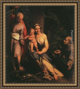Saint Francis of Assisi Framed Paintings - The Rest on the Flight to Egypt with Saint Francis by Correggio
