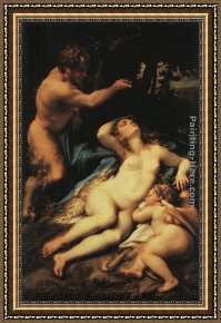 The Education of Cupid Framed Paintings - Venus and Cupid with a Satyr by Correggio