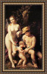 Jupiter And Mercury at Philemon And Baucis Framed Paintings - Venus with Mercury and Cupid by Correggio