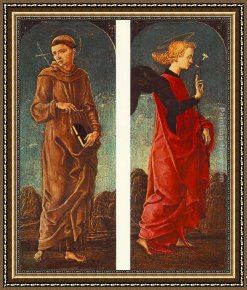 Saint Francis of Assisi Framed Paintings - St Francis of Assisi and Announcing Angel (panels of a polyptych) by Cosme Tura