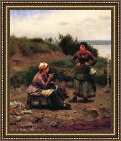 Ladies at The Milliners Framed Paintings - A Discussion Between Two Young Ladies by Daniel Ridgway Knight