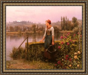 Cattle Watering at Dusk Framed Paintings - A Woman with a Watering Can by the River by Daniel Ridgway Knight