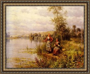 Summer Framed Paintings - Country Women Fishing on a Summer Afternoon by Daniel Ridgway Knight
