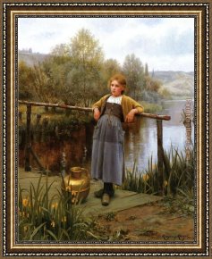 Young Girl Reading Framed Paintings - Young Girl by a Stream by Daniel Ridgway Knight