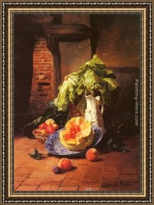 Floral Still Life in a Blue And White Porcelain Vase Framed Paintings - A Still Life With A White Porcelain Pitcher, Fruit And Vegetables by David Emile Joseph de Noter