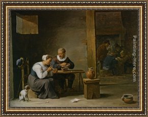 Man with Scythe Framed Paintings - A man and woman smoking a pipe seated in an interior with peasants playing cards on a table by David the Younger Teniers