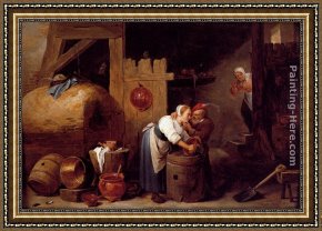 Lovers Man And Woman Framed Paintings - An Interior Scene With A Young Woman Scrubbing Pots While An Old Man Makes Advances by David the Younger Teniers
