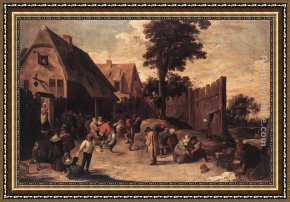 Dancing in The Wind Framed Paintings - Peasants Dancing outside an Inn by David the Younger Teniers