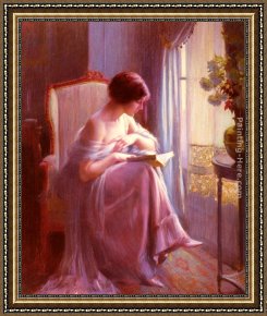 Young Girl Reading Framed Paintings - Young Woman Reading By A Window by Delphin Enjolras