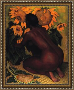 Nina Con Flor Framed Paintings - Desnudo con girasoles 1946 by Diego Rivera
