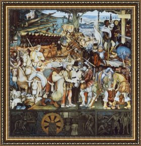 Rivera Framed Paintings - Disembarkation of the Spanish at Vera Cruz (with Portrait of Cortez as a Hunchback) by Diego Rivera