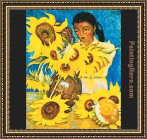 Rivera Framed Paintings - Muchacha con Girasoles (Girl with Sunflowers) by Diego Rivera