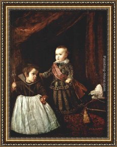 Carlo Framed Paintings - Prince Baltasar Carlos with a Dwarf by Diego Rodriguez de Silva Velazquez