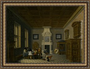The Interior of a Tavern with Peasants Cavorting And Drinking Framed Paintings - A Palace Interior with Cavaliers Cavorting with Nuns by Dirck van Delen