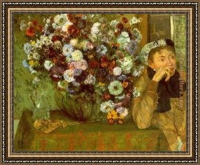Madame Framed Paintings - Madame Valpinon with Chrysanthemums by Edgar Degas