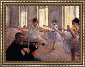 Ballet Rehearsal Framed Paintings - Rehearsal by Edgar Degas