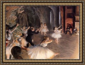 Ballet Rehearsal Framed Paintings - The Rehearsal on Stage by Edgar Degas