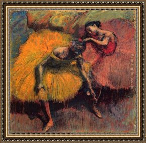 Yellow Framed Paintings - Two Dancers in Yellow and Pink by Edgar Degas