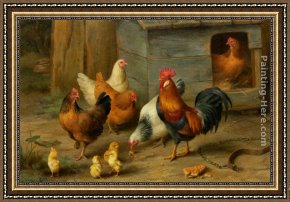 Departure to The Hunt Framed Paintings - A Cockerel with Chickens by Edgar Hunt