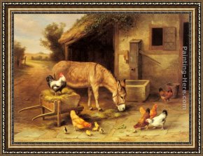 Whiteback Chicken Framed Paintings - A Donkey and Chickens Outside a Stable by Edgar Hunt