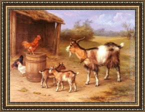 Departure to The Hunt Framed Paintings - A Farmyard scene with goats and chickens by Edgar Hunt