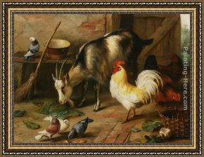 Departure to The Hunt Framed Paintings - A Goat Chicken and Doves in a Stable by Edgar Hunt