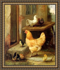 Departure to The Hunt Framed Paintings - A Hen, Chicks And Pigeons by Edgar Hunt