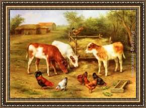 Feeding Framed Paintings - Calves and Chickens feeding in a Farmyard by Edgar Hunt