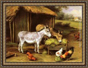 Feeding Framed Paintings - Chickens and Donkeys feeding outside a Barn by Edgar Hunt