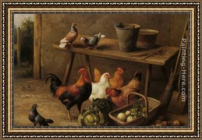 Whiteback Chicken Framed Paintings - Chickens and Pigeons in a Farmyard by Edgar Hunt