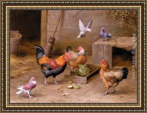 Whiteback Chicken Framed Paintings - Chickens In A Farmyard by Edgar Hunt