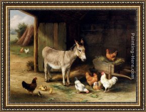 Departure to The Hunt Framed Paintings - Donkey, Hens and Chickens in a Barn by Edgar Hunt