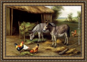 Ponies, a Calf And Poultry in a Farmyard Framed Paintings - Donkeys And Poultry by Edgar Hunt