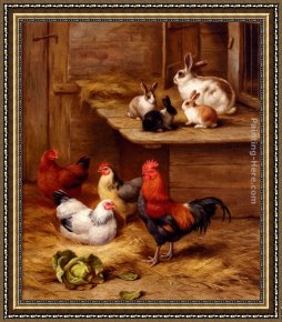 Ponies, a Calf And Poultry in a Farmyard Framed Paintings - Farmyard Neighbours by Edgar Hunt