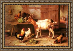 Feeding Framed Paintings - Goat and chickens feeding in a cottage interior by Edgar Hunt